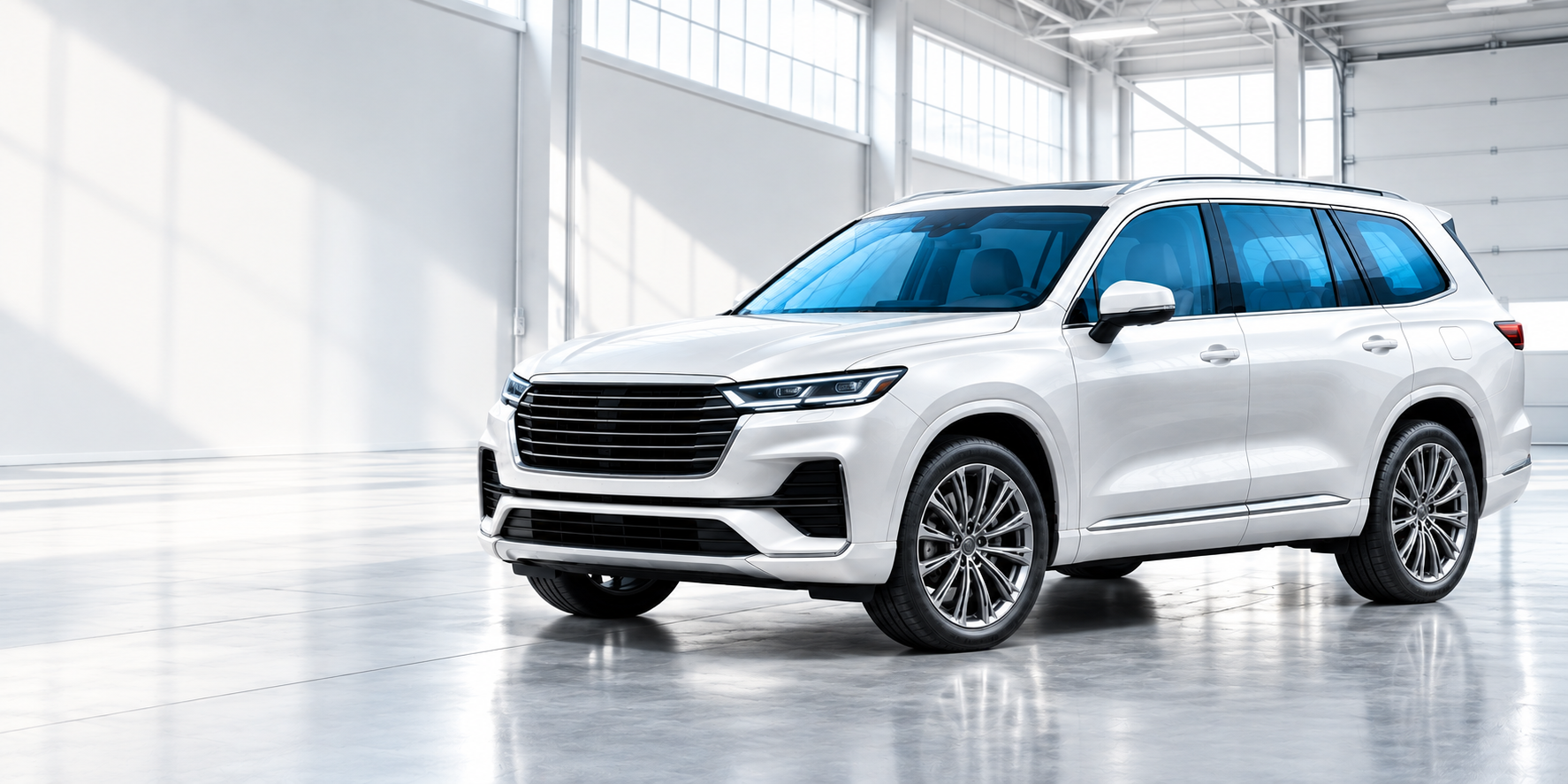 Visualización conceptual de una SUV blanca con parabrisas y cristales laterales resaltados en azul